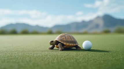 Turtle on Golf Course Next to White Golf Ball Under Blue Sky