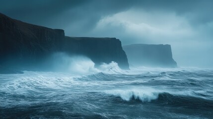 Dramatic Ocean Waves Crashing Against Cliffs