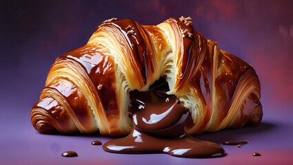 Decadent Chocolate Croissant with Smooth Ganache on a Lavender Surface