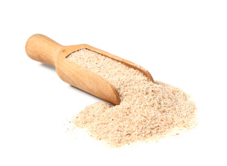 Scoop with psyllium husk powder on white background