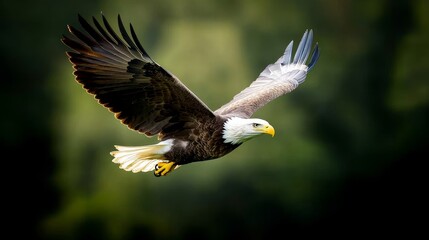Obraz premium Majestic Bald Eagle in Flight Against a Natural Green Background