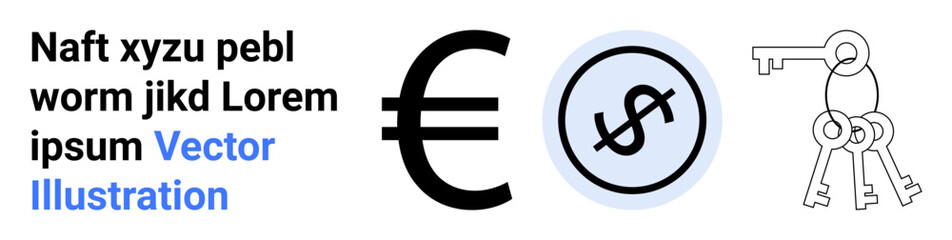 Euro currency sign, dollar in circle, keys on keyring, and placeholder text. Ideal for finance, banking, currency, security, savings global trade and simple landing page