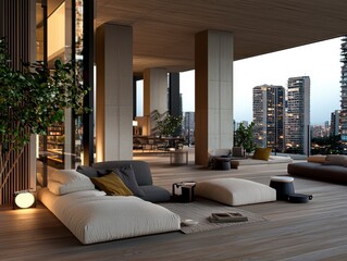 A minimalist apartment balcony provides a serene escape, offering breathtaking city skyline views that stretch endlessly into the horizon, embracing modern design principles and creating an