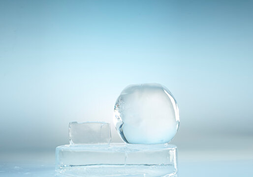 ice, block, sphere, ball, pedistal, gradient, background, sculpture, blue, grey