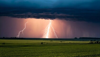 A tornado forming in the distance, lightning striking through the storm clouds