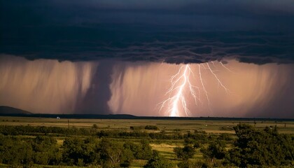 A tornado forming in the distance, lightning striking through the storm clouds