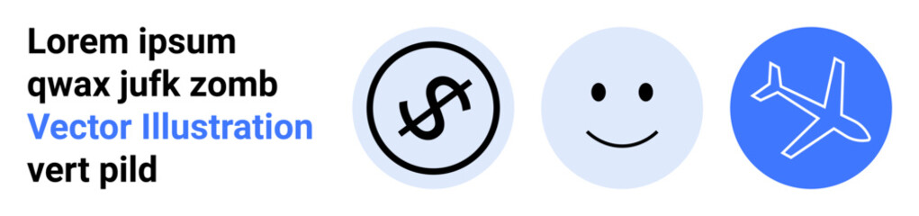 Dollar sign, smiling face, and airplane in blue circular icons. Ideal for finance, positivity, travel, planning, education, business simple landing page