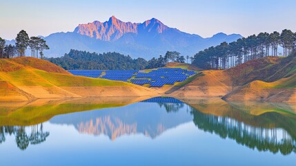 Naklejka premium Serene landscape featuring a solar farm nestled amidst rolling hills, reflecting perfectly in a tranquil lake with majestic mountains in the background.