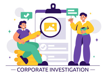 Corporate Investigation Vector Illustration Featuring Observation, Examination, Information Search, and Research for Future Analysis in a Background