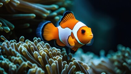 Clownfish in anemone, underwater, vibrant coral reef.  Possible use education, nature, travel