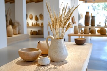 A serene composition bathed in gentle natural light unveils an artistic arrangement of speckled pottery alongside dried wheat stalks, evoking a sense of rustic elegance The handcrafted pieces exhibit