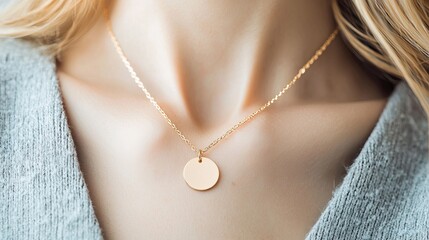 Close-up of a woman's neck wearing a delicate gold chain necklace with a plain circular pendant.