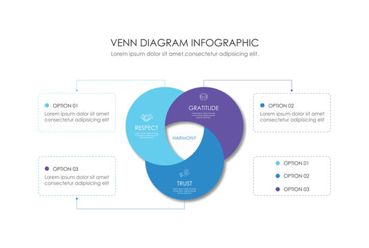 Infographic Venn diagram chart template for business 3 parts, options, presentation with venn diagram elements vector illustration.