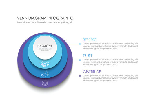 Infographic Venn diagram chart template for business 3 parts, options, presentation with venn diagram elements vector illustration.
