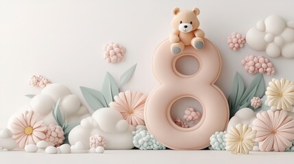 Pastel Pink Number Eight with Teddy Bear and Flowers