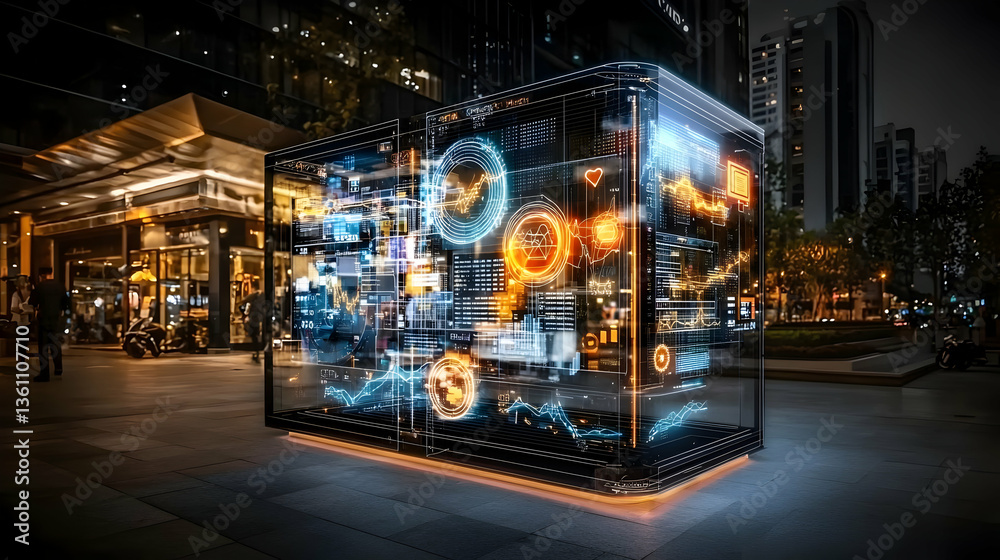 Fototapete glowing holographic cube displaying data in urban night setting