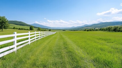 Fototapeta premium Scenic rural landscape with a white fence. Lush green field stretches into the distance, bordered by a white picket fence. 