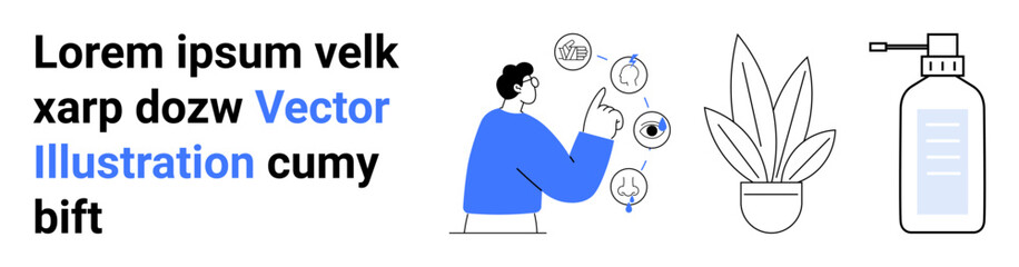 Man accessing data through circular icons, potted plant as d cor, and a sanitizer bottle for hygiene. Ideal for health awareness, productivity, workspaces, education, digital tools concept. Perfect