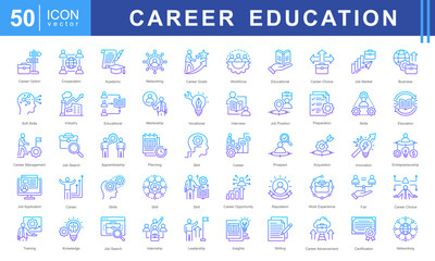 Career Education icon set featuring icons for job search, skill development, mentorship, training, and professional growth. Ideal for career planning, education, and workforce development projects.