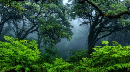 Fototapeta premium Misty Forest Lush Ferns Ancient Trees Nature Photography Green Canopy High Resolution