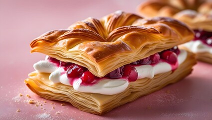 Delicate pastry with fresh cream and vibrant red berries on pink background