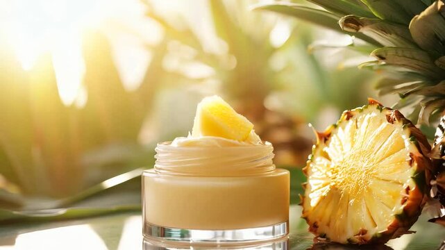 A luxurious skincare cream in a glass jar, infused with natural pineapple extract, surrounded by fresh pineapples. The image conveys a sense of tropical freshness, organic beauty, and natural skincare