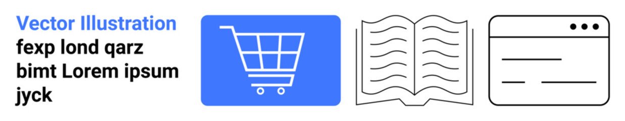Shopping cart, open book, and browser window icons representing e-commerce, learning, and online navigation. Ideal for retail, education, technology, content internet communication simple landing