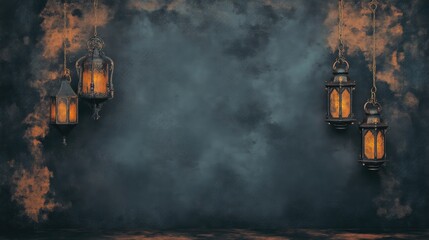 Dark, mystical scene with hanging lanterns.  Smoky, textured wall background