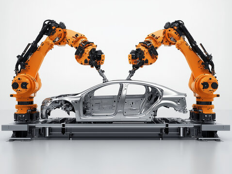 Advanced robotic arms assembling car frame in modern factory setting, showcasing precision and technology in automotive manufacturing