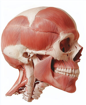 Anatomical model of human skull showcasing facial muscles and structure. detailed representation highlights zygomaticus muscle and other key features, providing insight into human anatomy