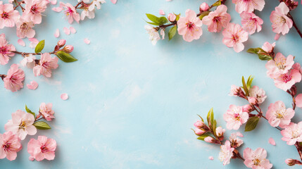 Pink cherry blossom on blue pastel background, copy space. Blooming Sakura. Spring flowers. Beautiful Floral background for spring holiday, women's day, 8 march, mother's day, birthday
