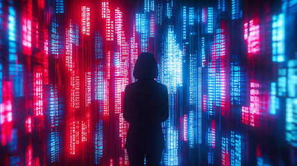 Fototapeta premium Data visualization experience digital space abstract art high-tech environment rear view futuristic concept