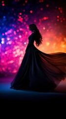 Naklejka premium Elegant Woman in Flowing Black Gown Dramatic Bokeh Lights Background