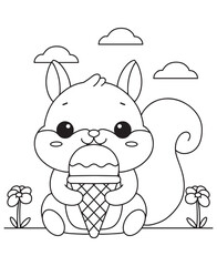 Coloring book  squirrel eating an ice cream cone among flowers and clouds