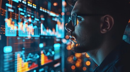 Focused businessman studying complex financial data and market charts displayed on multiple digital screens in a modern corporate office workspace