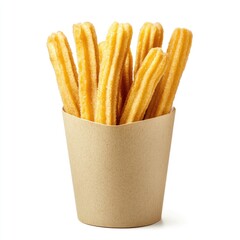 Crispy, golden-brown churros in a kraft paper container.  Perfectly formed, light and airy, they're ready to eat