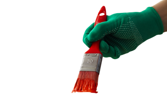Hand in green glove grips a paintbrush, isolated on white, PNG - Powered by Adobe