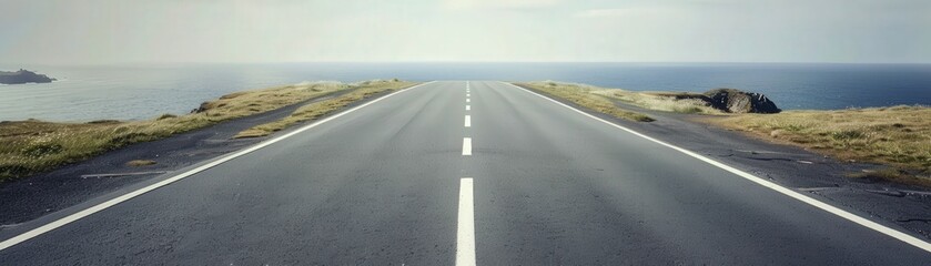 Obraz premium A serene road stretches toward the horizon, flanked by grassy fields and leading to a tranquil ocean view.