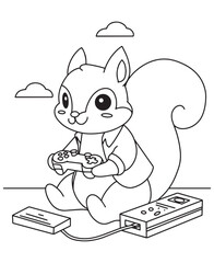 Coloring book squirrel playing video games with a controller under a cloudy sky. Fun line art for coloring
