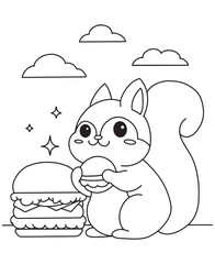 Coloring book squirrel eats a burger with sparkles around under a cloudy sky