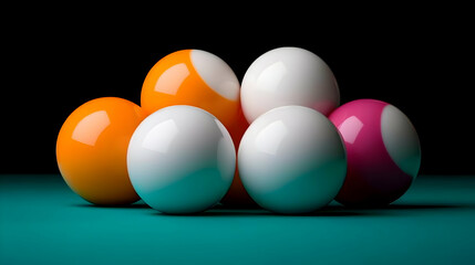 Orange White and Pink Billiard Balls Arranged in a Triangle on Green Felt