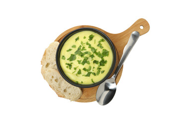 PNG,Cheese soup in a bowl with croutons, isolated on white background