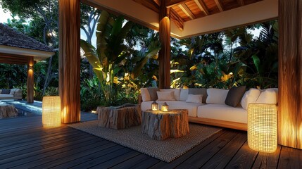 Fototapeta premium Escape to a serene tropical outdoor lounge bathed in the soft glow of dusk, where tranquility and relaxation intertwine seamlessly Sink into plush cushions and unwind amidst lush greenery and gentle