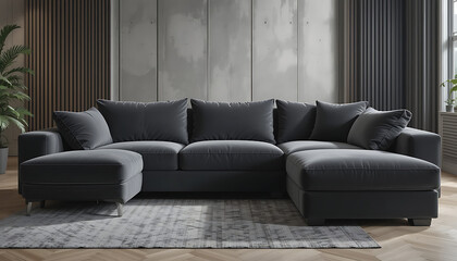"A velvet modular sofa in charcoal grey with customizable sections."
