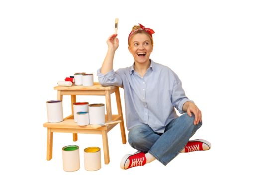 Woman prepares to paint with colorful cans, isolated on white, PNG - Powered by Adobe
