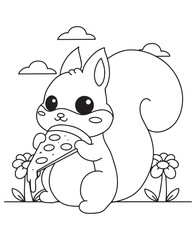 Coloring book squirrel eats a slice of pizza among flowers and clouds