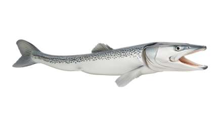 Realistic representation of a freshwater fish with distinct patterns and open mouth swimming in water