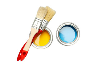 Two cans with yellow and blue paint and brushes, isolated on white, PNG