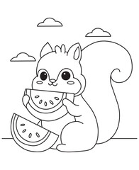 Coloring book squirrel eating a slice of watermelon under a cloudy sky. Fun line art for coloring