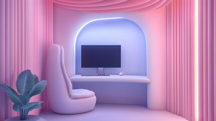 Pastel Pink Gaming Room Interior with Modern Computer Setup